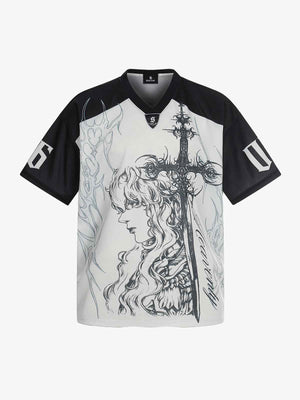 Oversized Mesh Football Jersey Tee – Gothic Number Graphic Sport T-Shirt