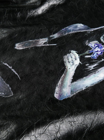 Vintage Street Portrait Print PU Leather Jacket 