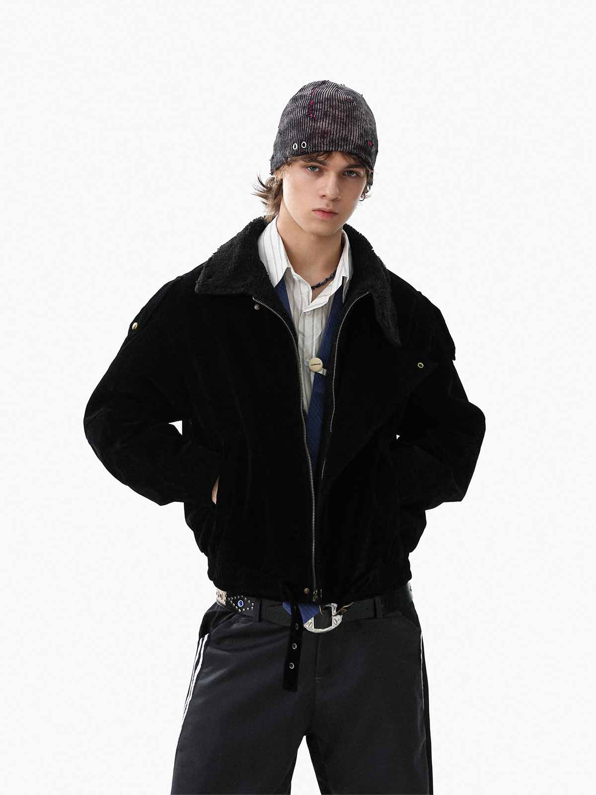 Retro Lambswool Stand Collar Asymmetrical Suede Padded Jacket 