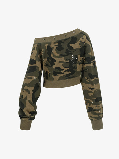 Flag Print Camo Off-Shoulder Cropped Sweatshirt
