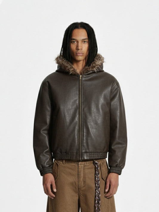 Vintage Faux Fur Hood Lined PU Zip Up Bomber Jacket 