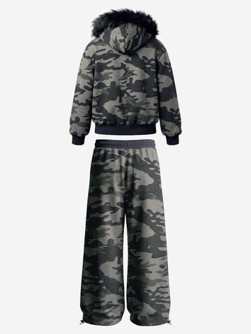 Fur Hood Cardigan Camouflage Set