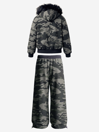 Fur Hood Cardigan Camouflage Set