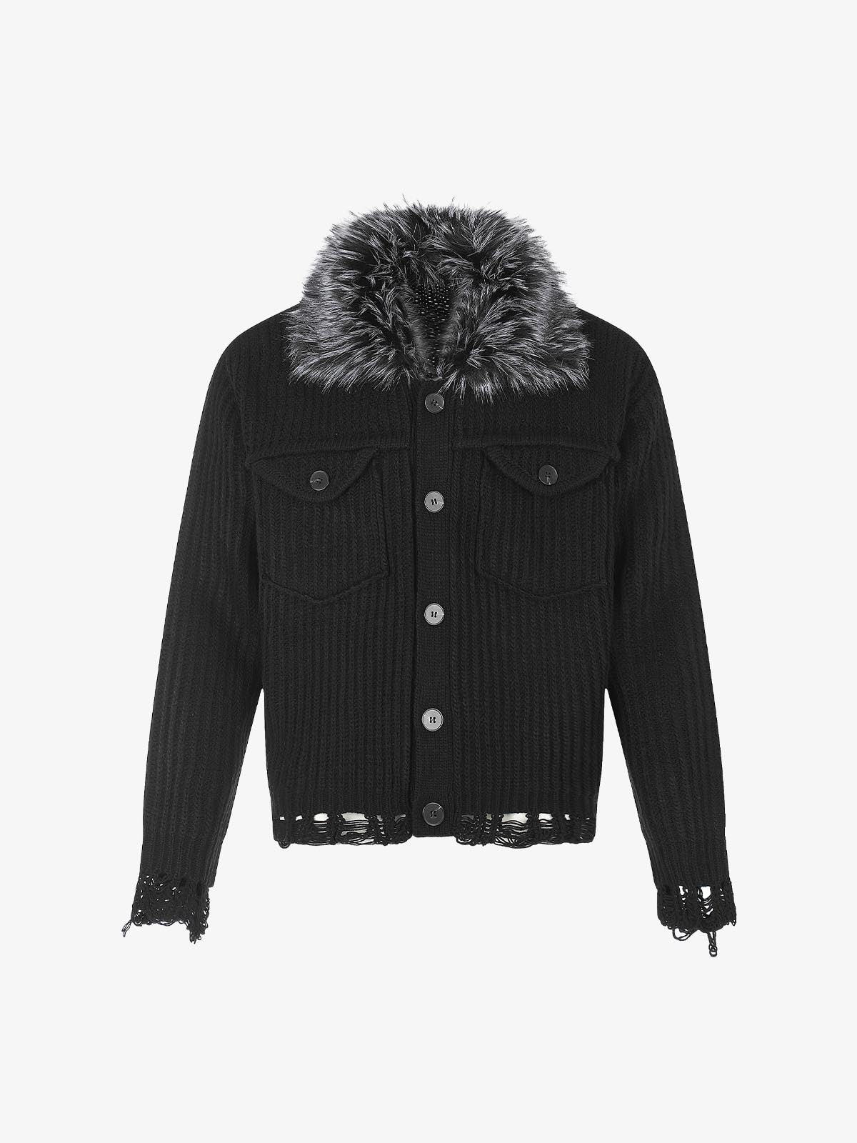 Faux-Fur Collar Distressed Knit Cardigan