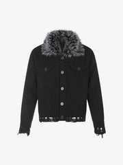 Faux-Fur Collar Distressed Knit Cardigan