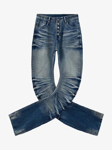 Vintage Distressed Button Fly Ruched Panel Flared Jeans
