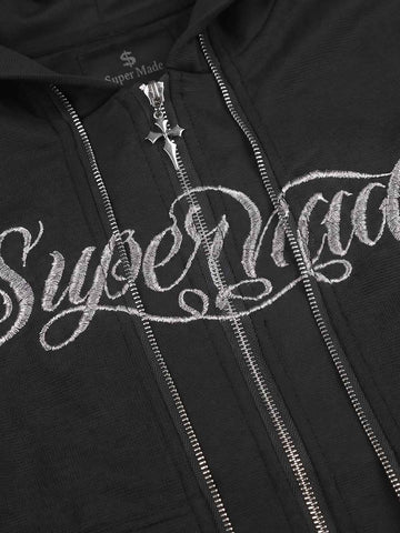 Logo Embroidered Patchwork Hooded Cardigan