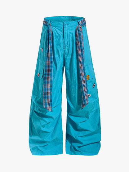 Plaid Straps Badge Cargo Pants 