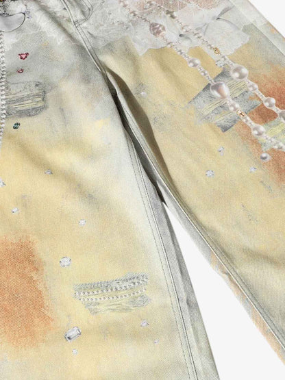 Embellished Wide-Leg Jeans with Unique Artistic Design for Fashion Lovers 