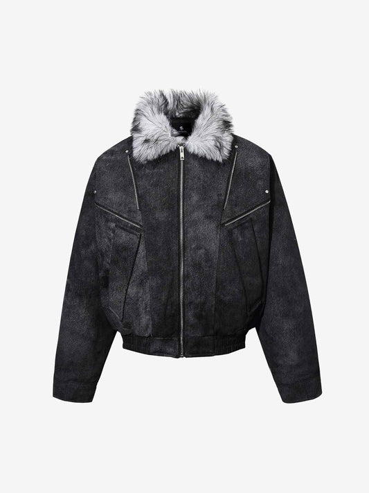 Fur Collar Moto-Style Zip Up Bomber Jacket 