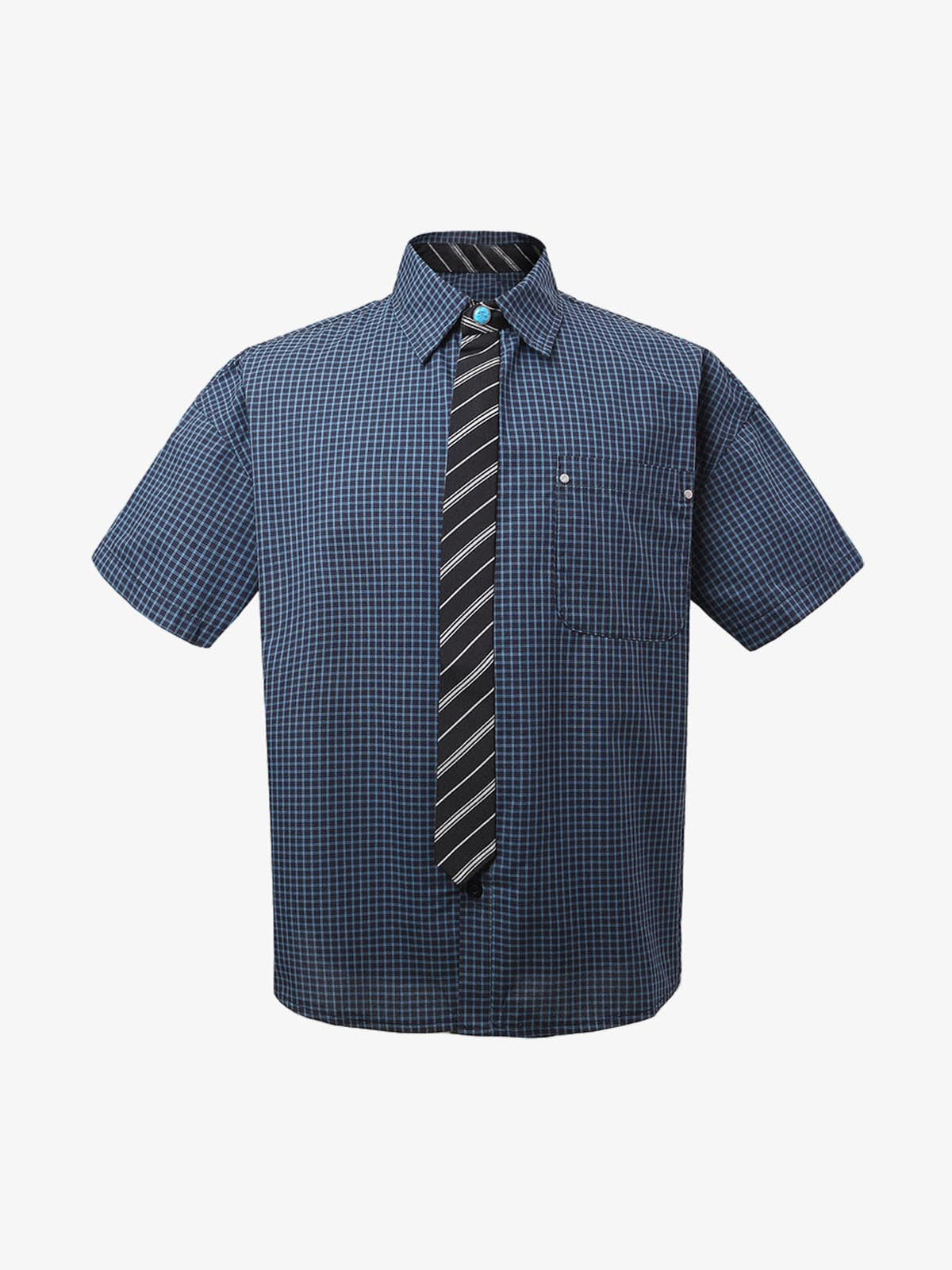 Tie Contrast Stitching Casual Plaid Shirt 