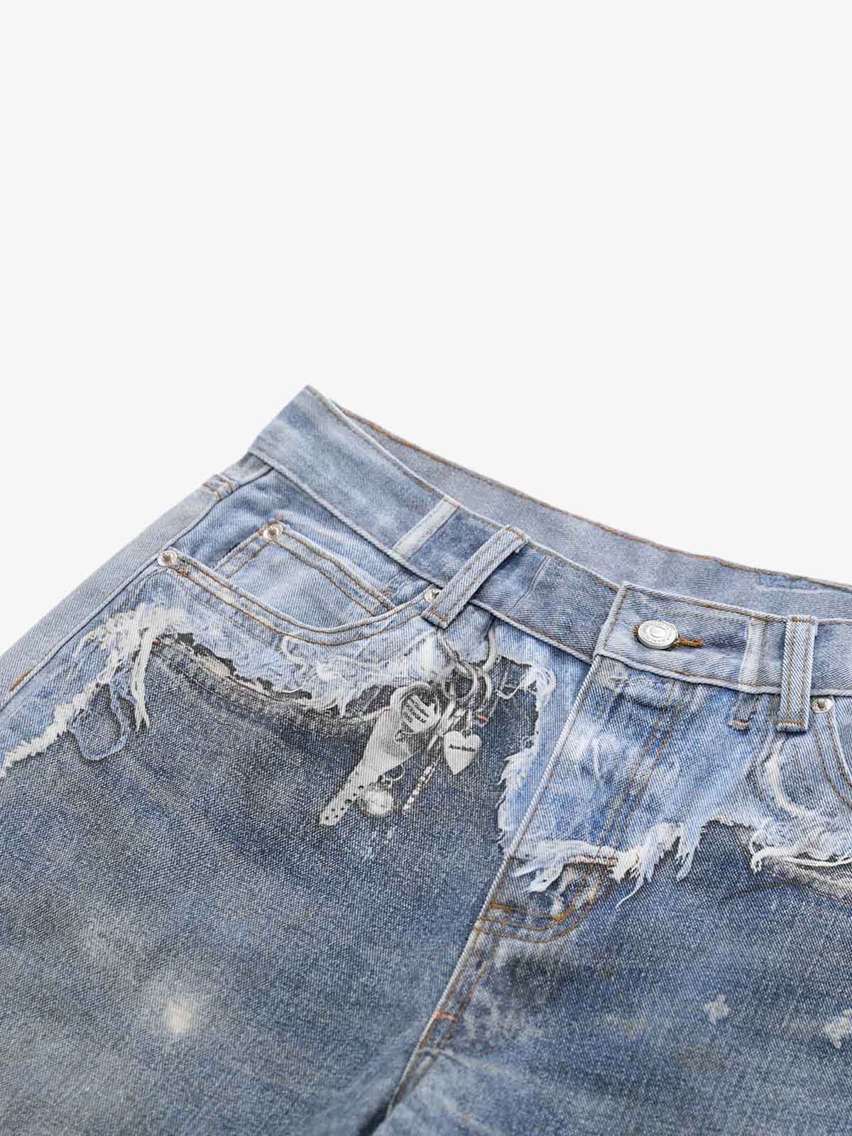 Vintage Distressed Print Wide Leg Jeans 