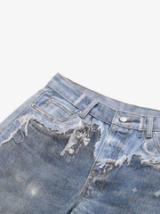Vintage Distressed Print Wide Leg Jeans 