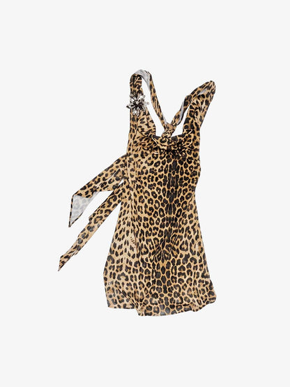 Leopard Cowl Neck Tie-Back Backless Vest