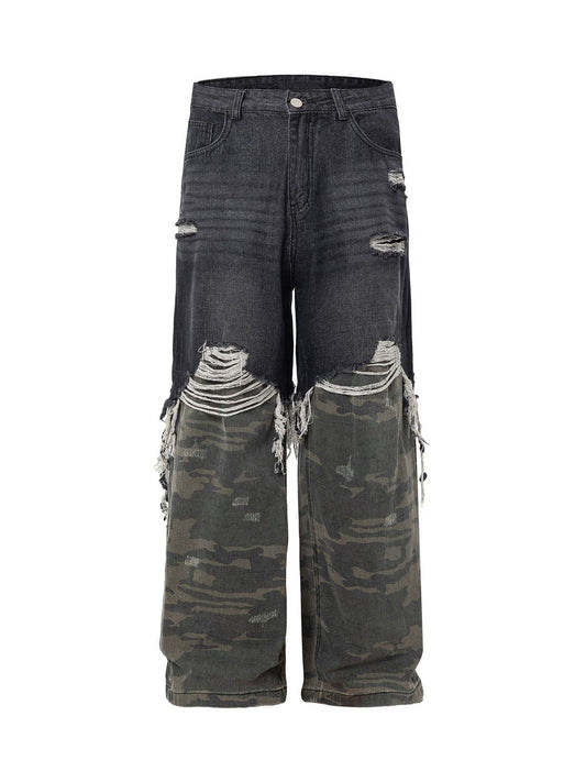 Washed Distressed Stitching Camouflage Straight Jeans 