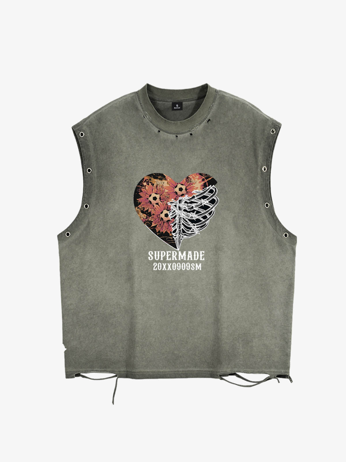 Cotton Sleeveless Crop Top with Heart Graphic Print and Adjustable Side Lacing for Streetwear Style 