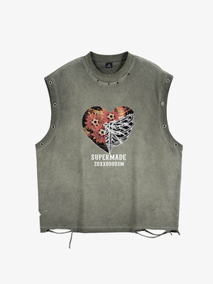 Cotton Sleeveless Crop Top with Heart Graphic Print and Adjustable Side Lacing for Streetwear Style 