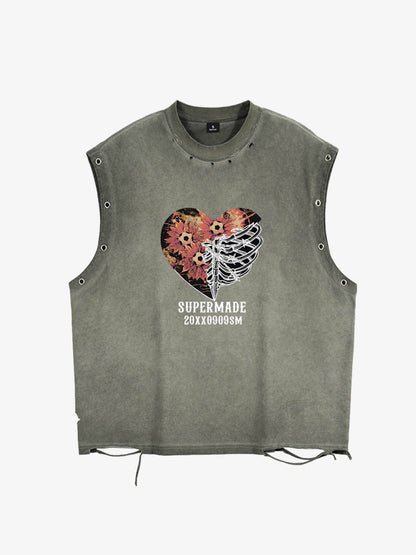 Cotton Sleeveless Crop Top with Heart Graphic Print and Adjustable Side Lacing for Streetwear Style 