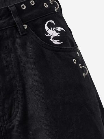 Scorpion Embroidered Eyelet Bermuda Denim Shorts