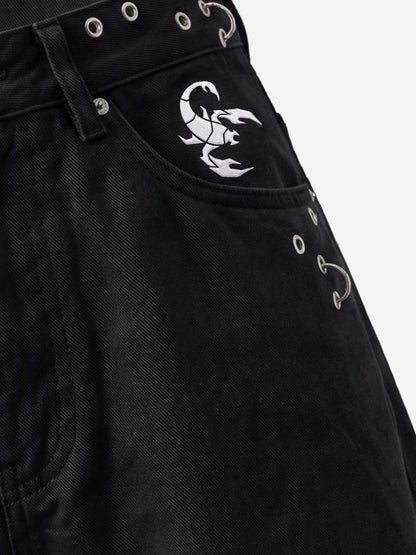 Scorpion Embroidered Eyelet Bermuda Denim Shorts