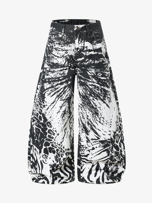 Weit geschnittene Hose mit abstraktem Print – Hochgeschnittene Hose aus Baumwollmischgewebe