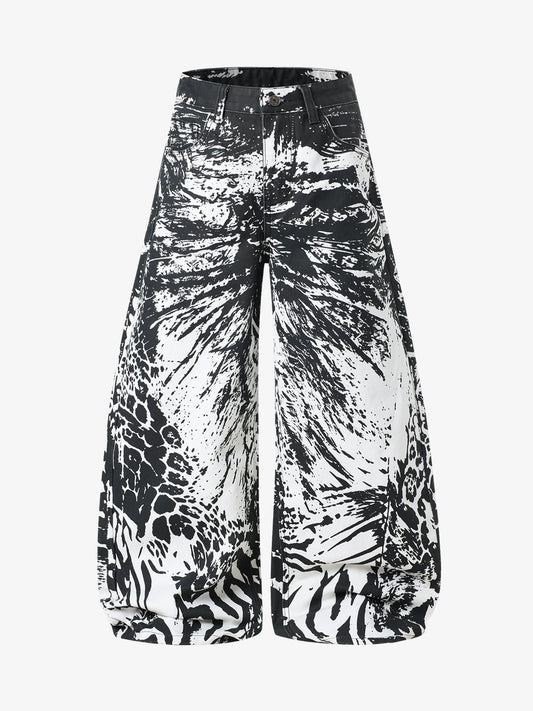 Abstract Print Wide-Leg Trousers – High-Waisted Cotton Blend Pants