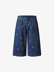 Jeansshorts mit Farbspritzermuster und weitem Bein