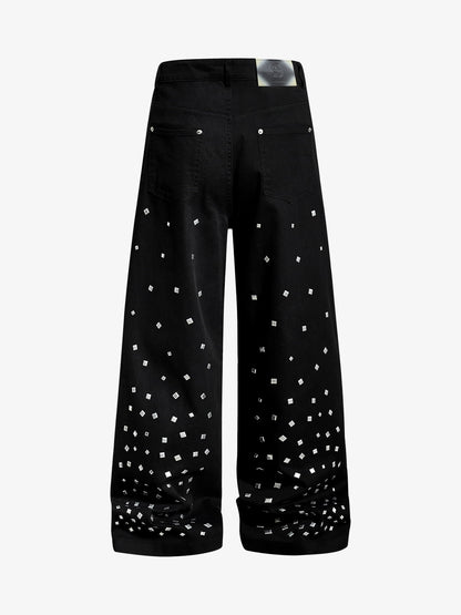 Cotton Blend Wide Leg Pants with Rhinestone Embellishment 
