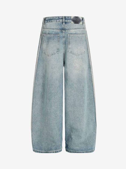 Vintage Washed Side Panel Wide Leg Denim Jeans