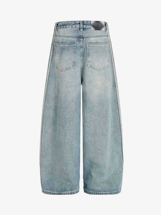 Vintage Washed Side Panel Wide Leg Denim Jeans
