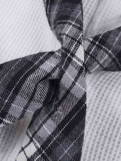 Plaid Scarf Sleeve Waffle Shirt with Letter Embroidery