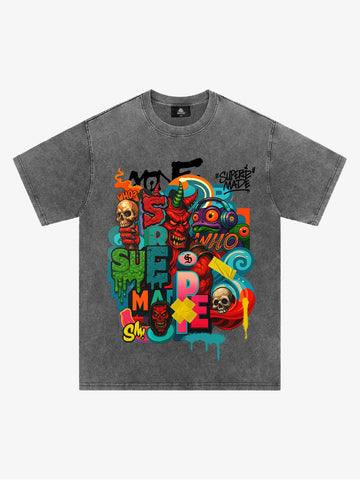Trendy Multicolor Graffiti Skull Graphic T-Shirt 