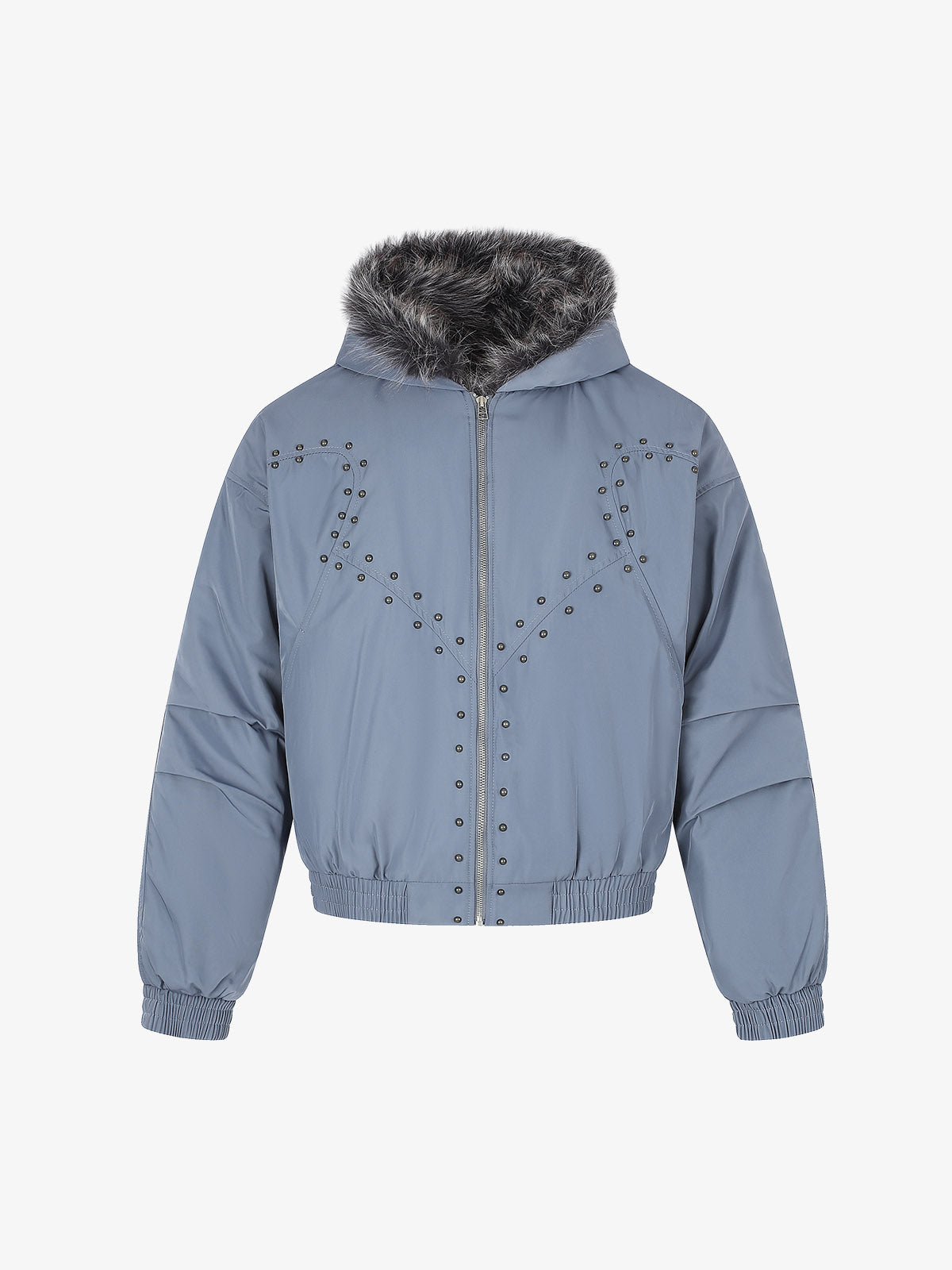 Studded Hooded Faux-Fur Collar Padded Coat