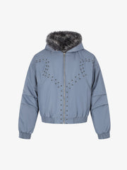 Studded Hooded Faux-Fur Collar Padded Coat