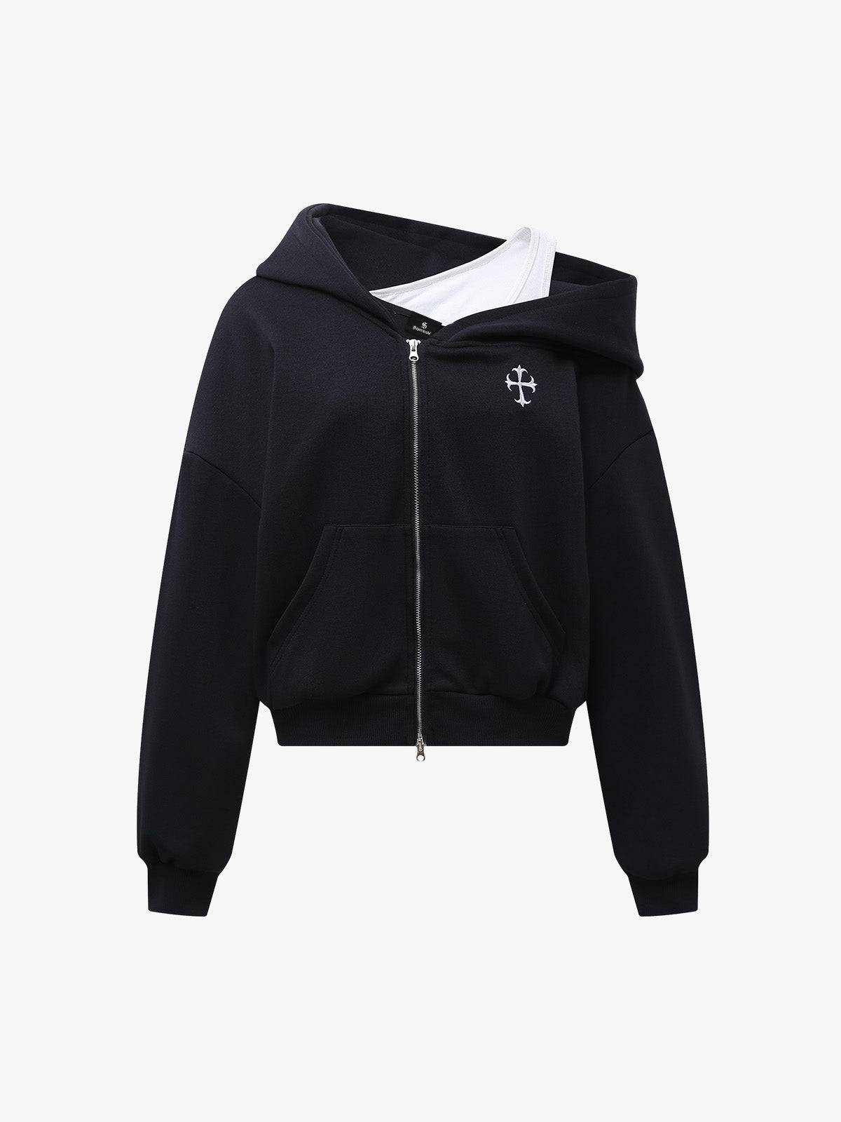 Off-Shoulder Layered Zip-Up Cropped Hoodie