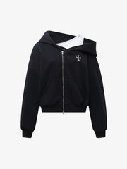 Off-Shoulder Layered Zip-Up Cropped Hoodie