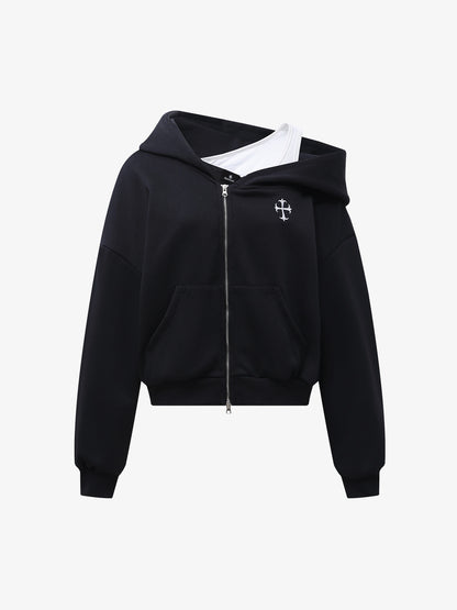 Off-Shoulder Layered Zip-Up Cropped Hoodie