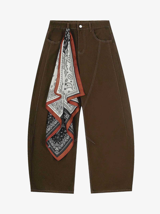 Cotton Wide-Leg Brown Trousers with Bandana Tie Waist Detail 