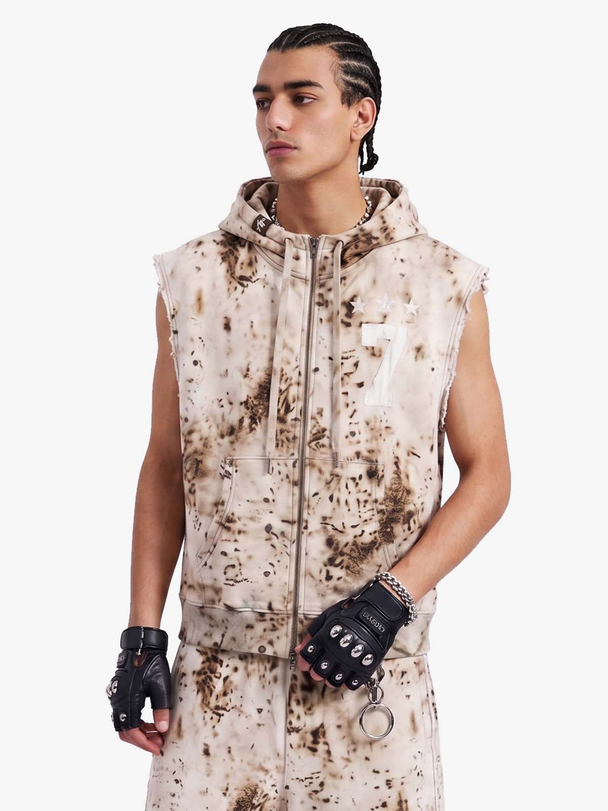 Washed Distressed Irregular Leopard Sleeveless Hooded Vest Set 