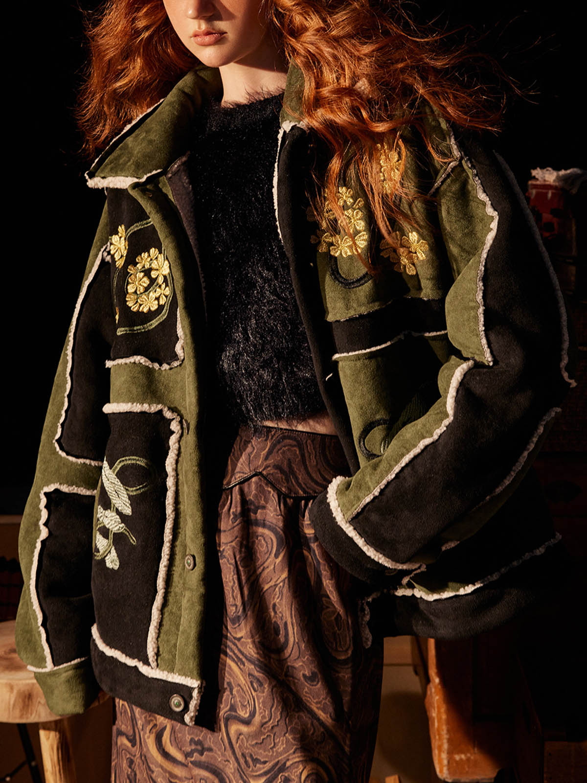Floral Embroidered Suede Fleece Jacket - 2260 