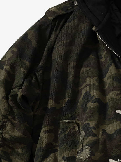 Camouflage Hooded Jacket with Distressed Details and Toggle Closure 