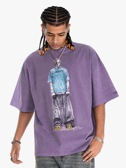 300G Jade Pattern Dyed Cotton Oversized T-Shirt with Skeleton Graphic Print Streetwear 