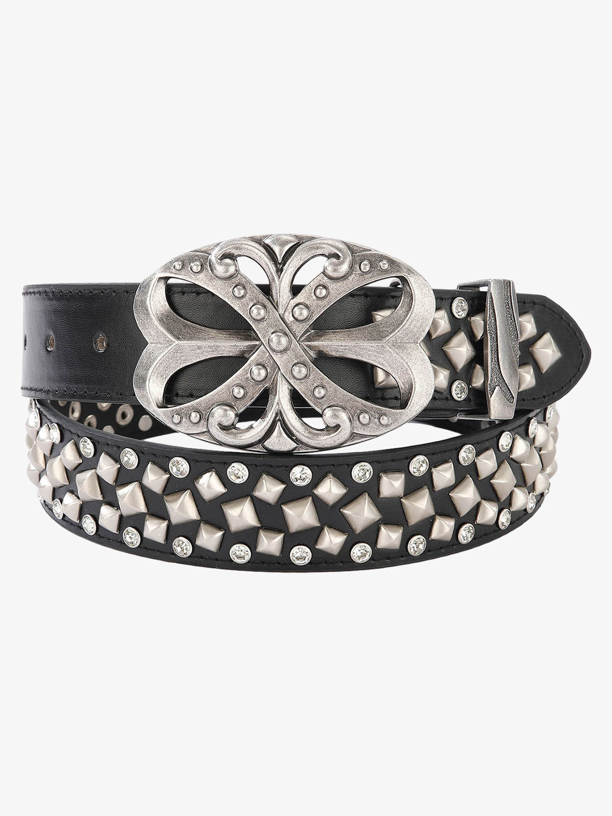 Studded Rhinestone Silver Hollow Buckle Belt