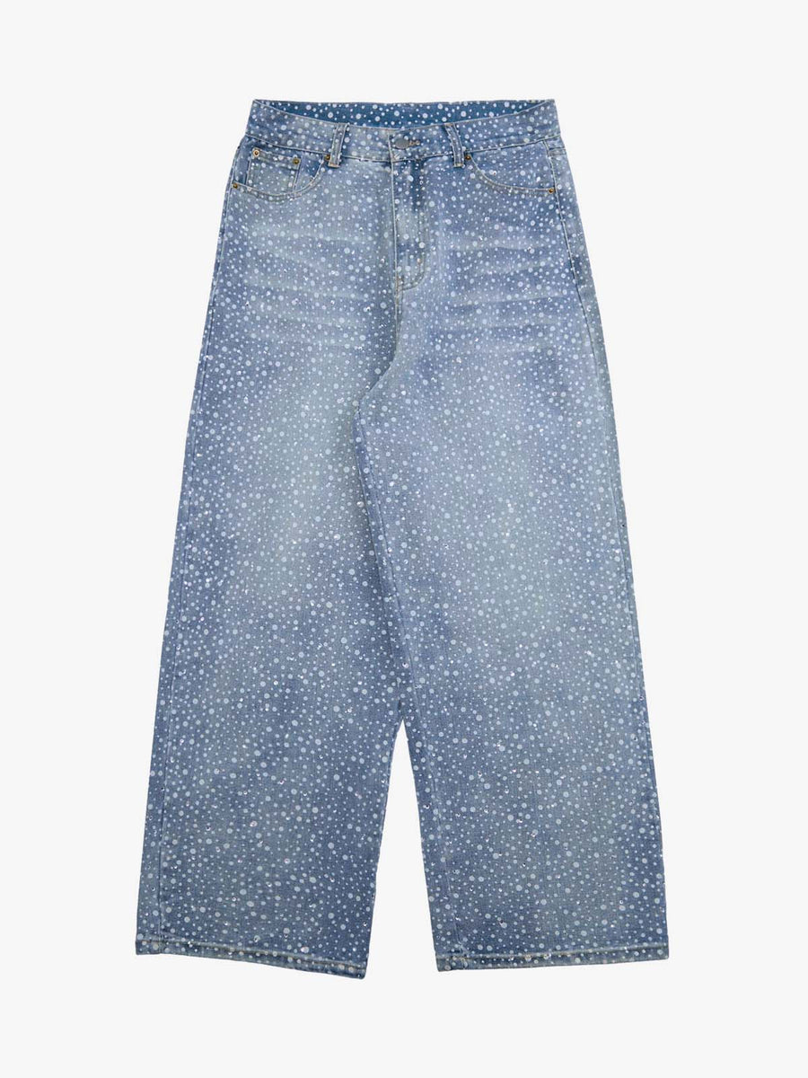 Thesupermade Ink Splashed Hotfix Rhinestone Baggy Jeans - 2306 