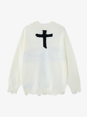 Cross Jacquard Ripped Long Sleeve Sweater