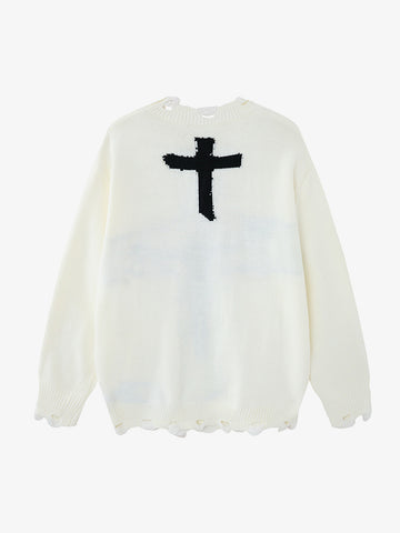 Cross Jacquard Ripped Long Sleeve Sweater