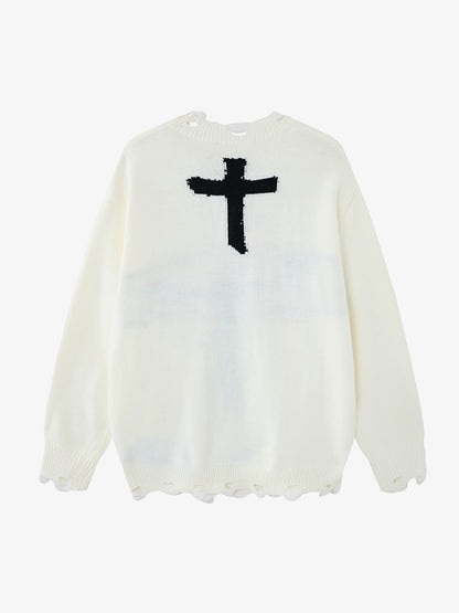 Cross Jacquard Ripped Long Sleeve Sweater