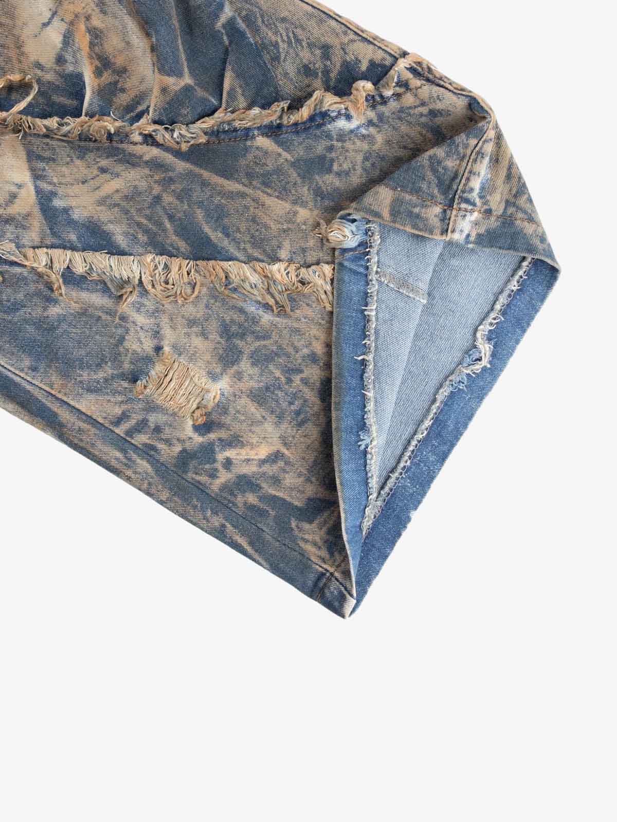 Double Waistband Acid Wash Patchwork Cargo Jeans