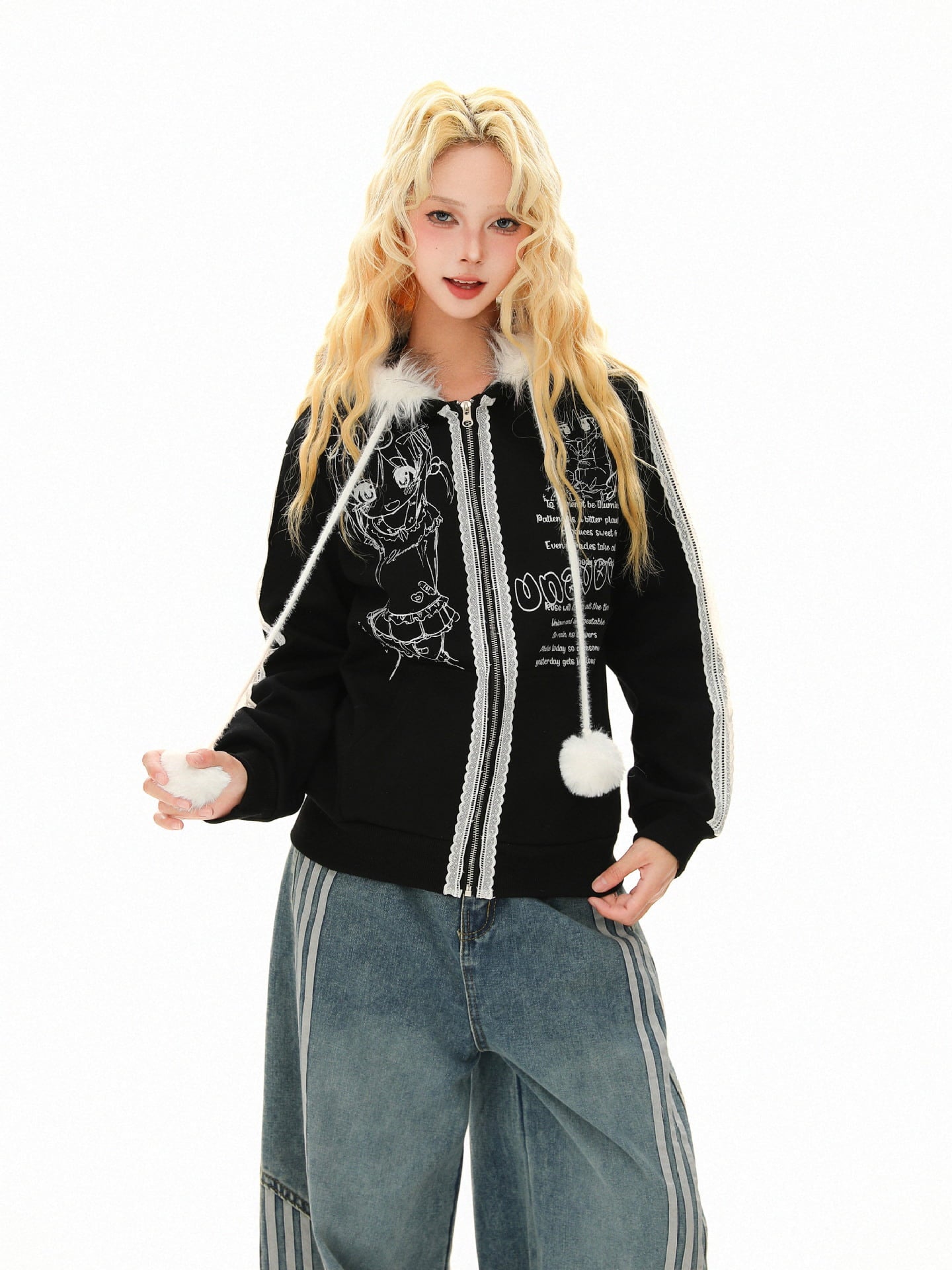 Retro Plush Collar Cartoon Anime Zip-Up Hoodie 