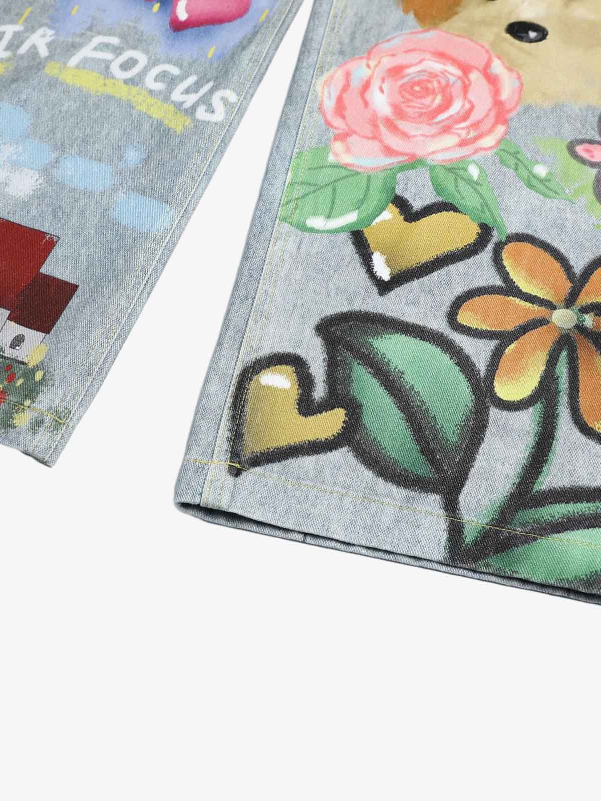 Denim Painted Animal Print Wide Leg Jeans with Cartoon Cat Dog Design 